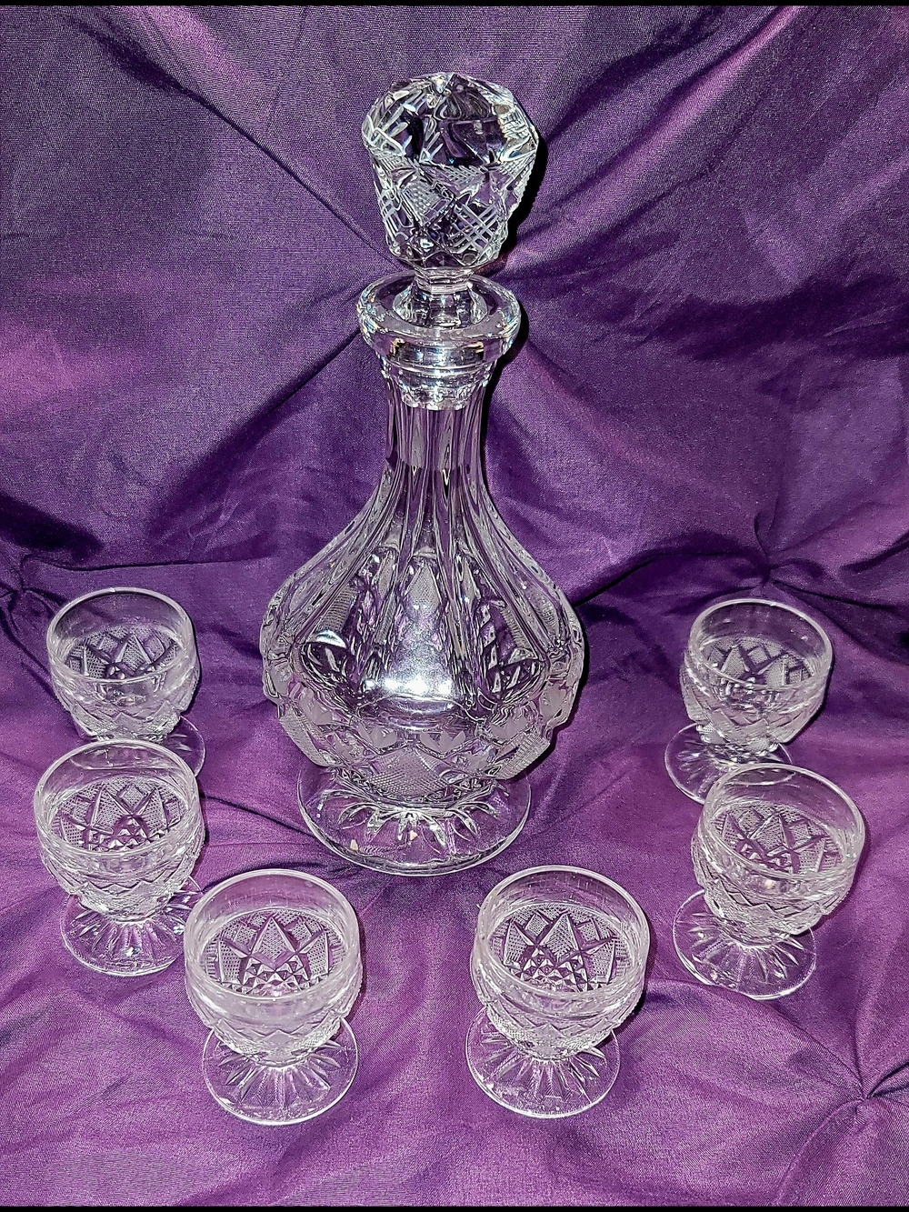 Vintage Bohemian 24% Lead Crystal Decanter Set – 6 Cordial Glasses
